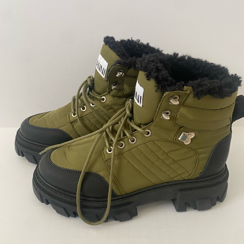 Ganni Faux Shearling Hiking Boot Kalamata Green and Black Size 8 - Picture 2 of 6